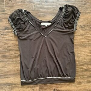 Y2K Studio M Chocolate Brown Puff Sleeve Top - Coquette Office Siren - Large